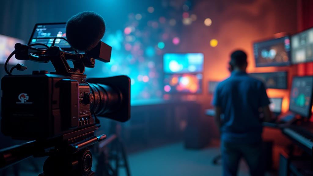 Dynamic image showing media production equipment and creative process.