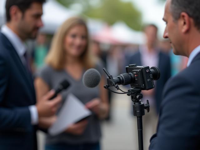 Image depicting local news coverage with microphone and camera.