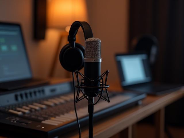 Podcast recording setup with microphones and headphones.